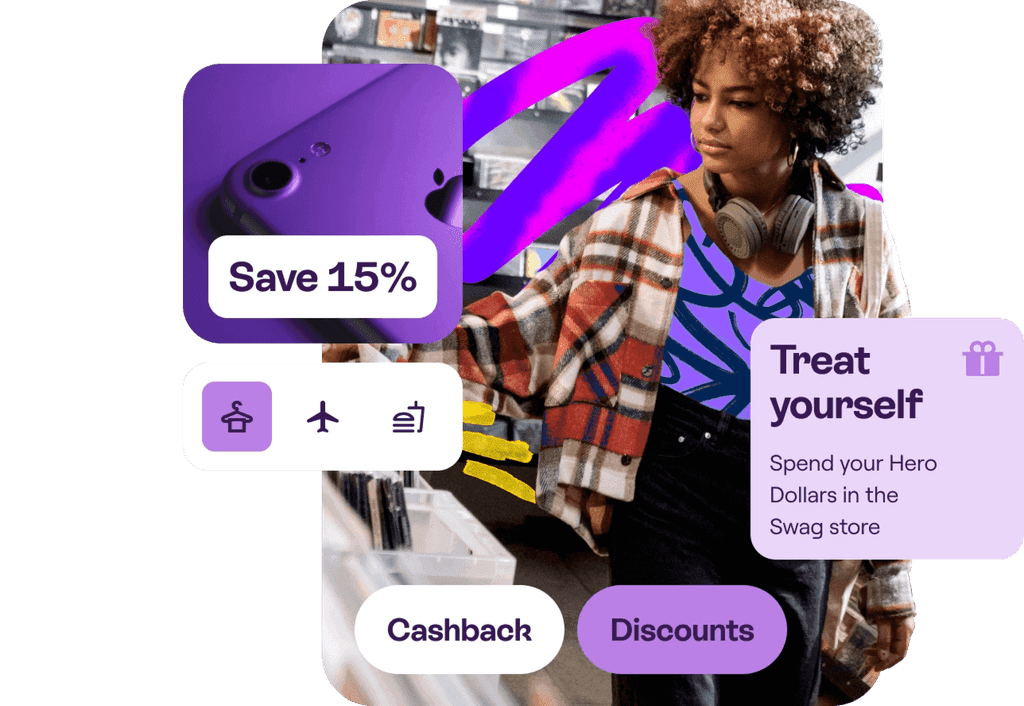 Benefits app collage showing cashback offers, reward points, and shopping savings.