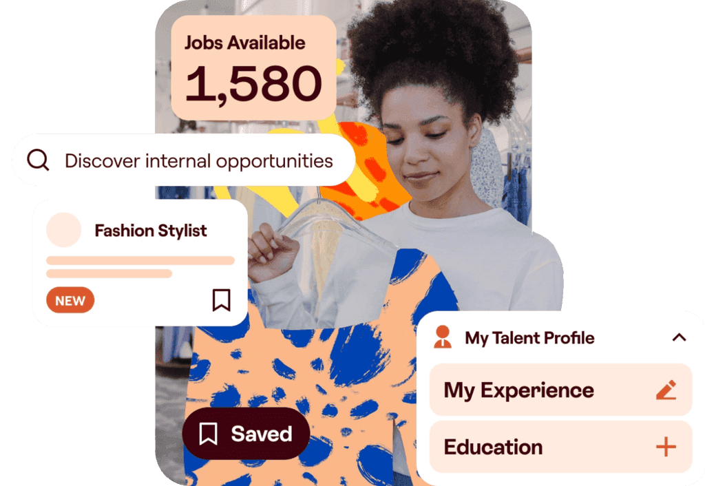 Career app collage showing available roles, a fashion stylist listing, and a saved job.