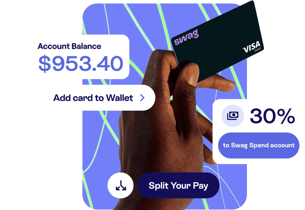 Money app collage showing an account balance, debit card, pay split, and savings transfer.
