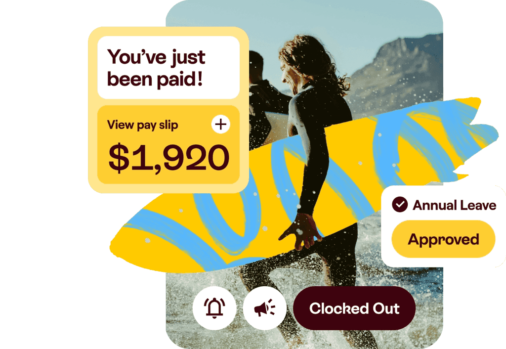 Work app collage showing a payment notice, leave approval, and an employee clocked out.