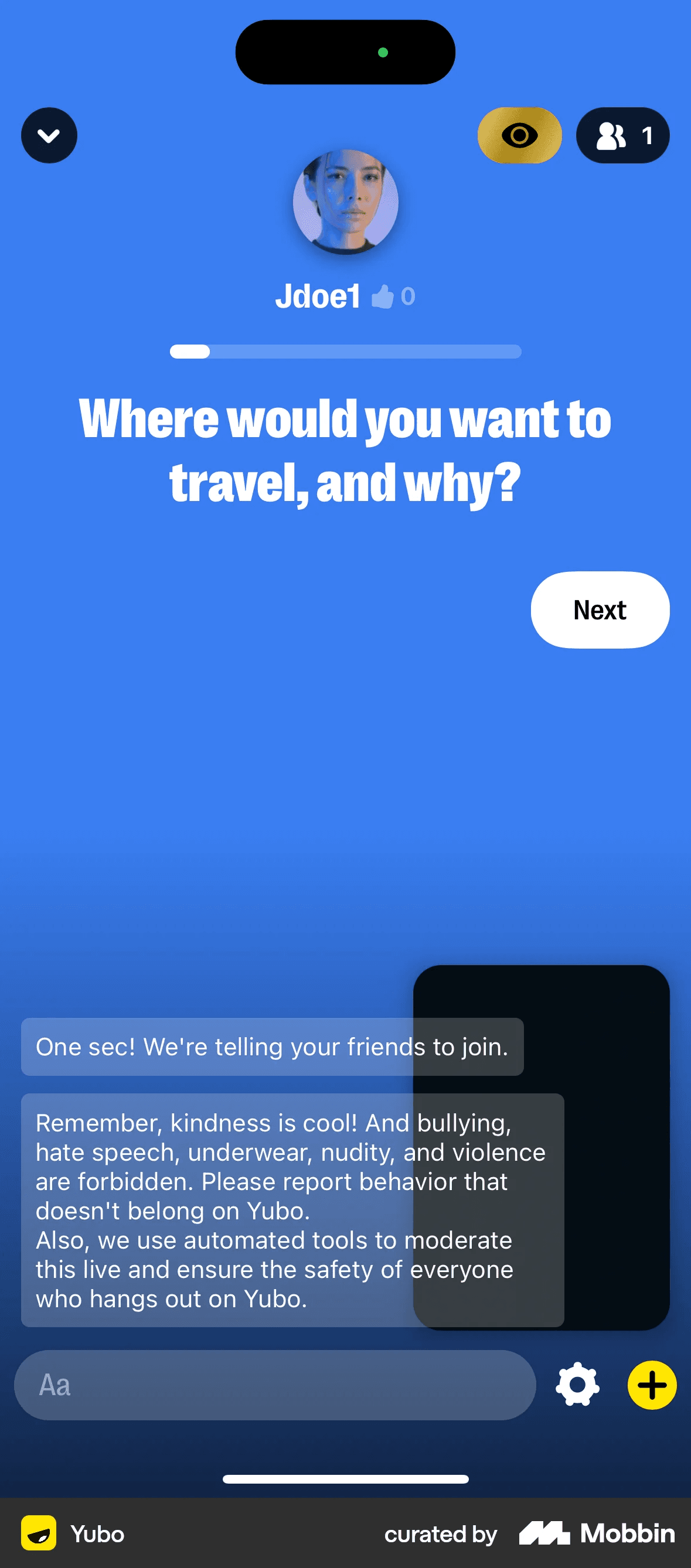 Yubo prompt-led rooms app screen