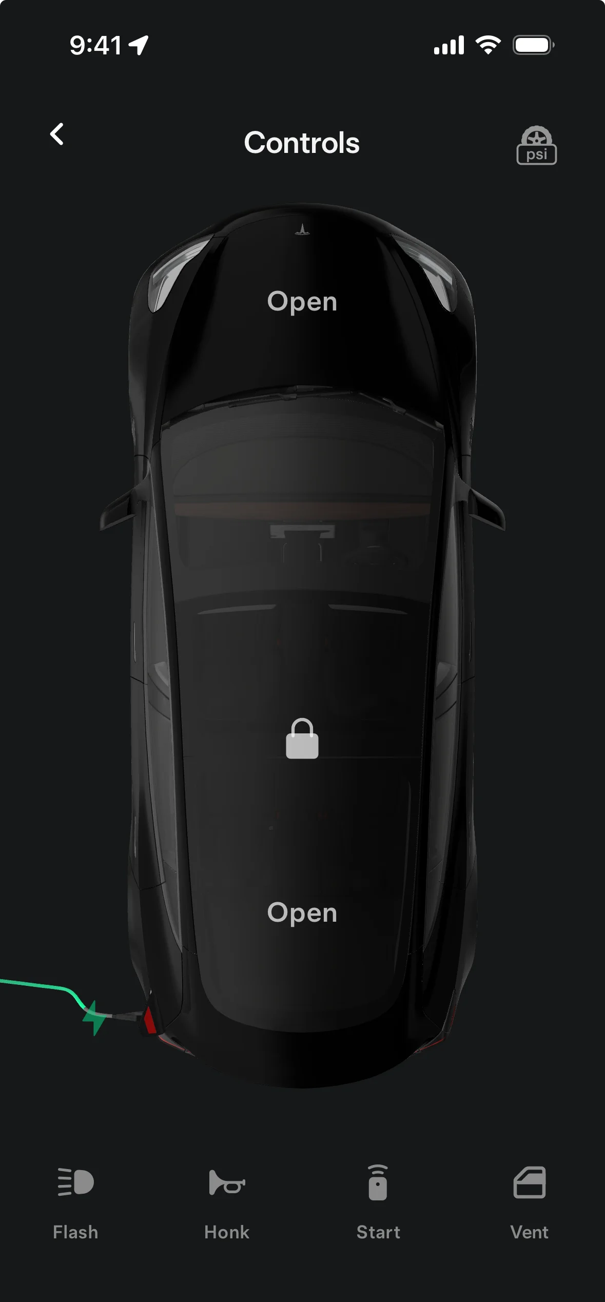Connected vehicle app with remote lock, opening, flash, honk, start, and vent controls